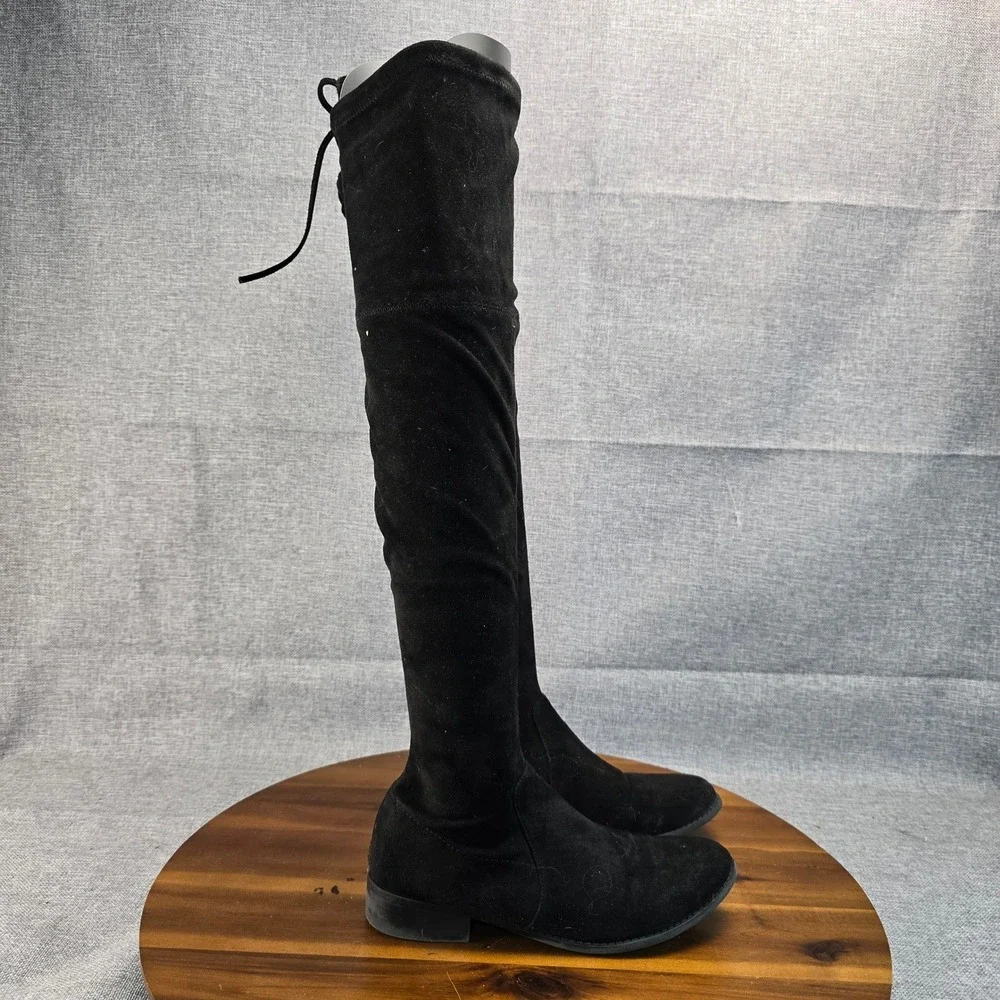 Black Over The Knee Boots Faux Suede Side Zip Tie Back Women Size‎ 8